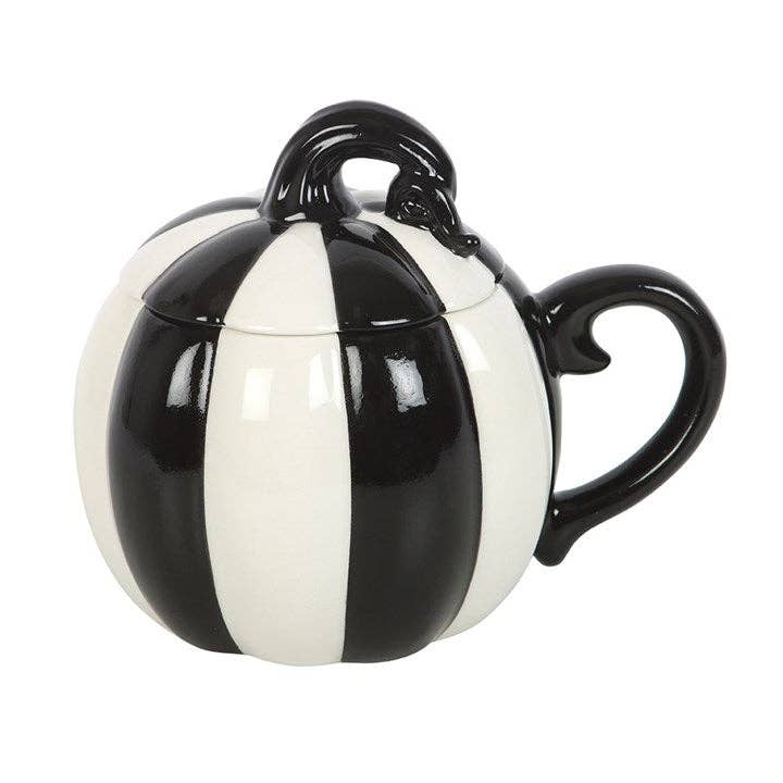 Black and White Striped Lidded Halloween Pumpkin Mug